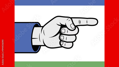 A cartoon style hand with a blue sleeve points firmly to the right framed by a colorful border.