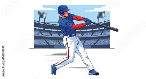 Modern vector illustration of baseball player swinging bat during competitive game in stadium, dynamic sports action concept with clean flat design
