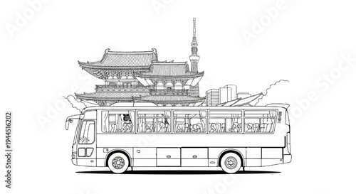 Sketch of a tour bus with passengers passing traditional buildings and a modern tower