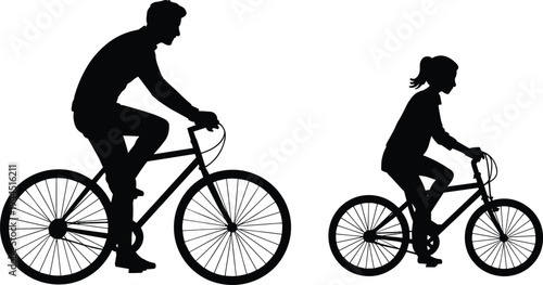 Black silhouette illustration of two people riding bicycles, depicting companionship, exercise, and transportation themes in simple, minimal, and expressive design style