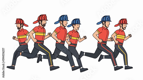 Cartoon firefighters in red shirts, dark pants, and helmets running