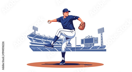 Modern vector illustration of baseball pitcher throwing fastball on professional field, dynamic sports performance and competitive game moment