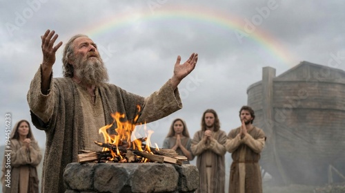 Senior man Noah offering sacrifice with family after flood. Religious biblical scene with rainbow in sky. Ancient humanity praying to God near wooden ark. Historic faith background.