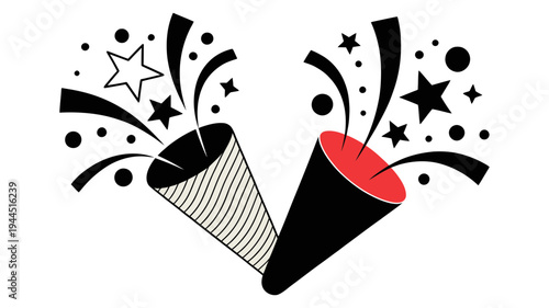 A lively illustration of two party poppers bursting with confetti and stars for festive occasions.