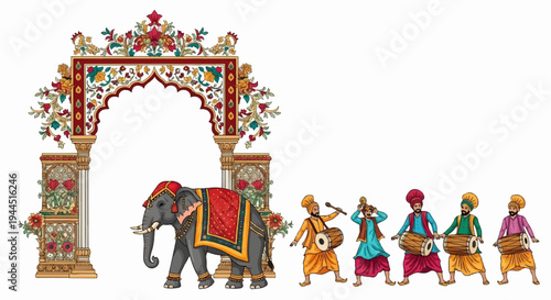 Elaborate archway with ornate decorations, an elephant, and musicians playing instruments