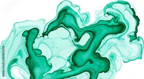Abstract swirls of light and dark green liquid on a white background