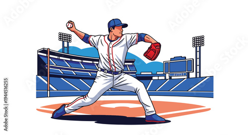 Modern vector illustration of baseball pitcher throwing fastball on professional field, dynamic sports performance and competitive game moment