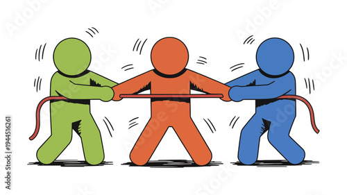 A dynamic illustration showing three colorful stick figures engaged in a fierce tug-of-war game.