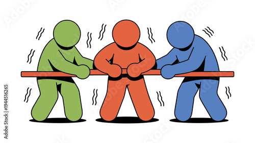Three cartoon figures in different colors are intently pulling on a single rope during a tug-of-war.