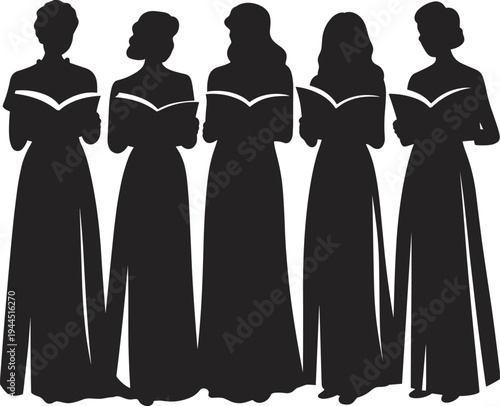 Women choir singing silhouette illustration, female singers holding music books vector, choral group performance concept, elegant vocal ensemble design