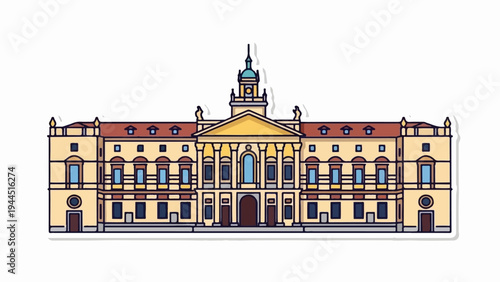 Ornate, multi-story building with a central dome, classical columns, and symmetrical design