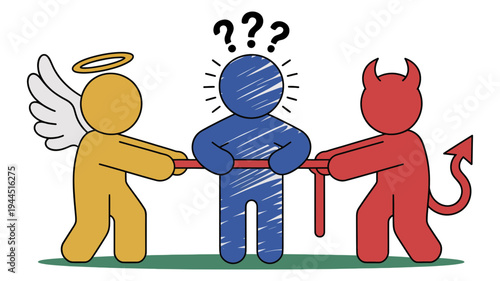 An undecided blue stick figure is pulled in a moral tug-of-war by an angel and a devil.