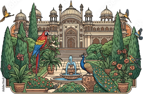 Elaborate palace garden with exotic birds and ornate fountain