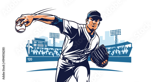 Modern vector illustration of baseball pitcher throwing fastball on professional field, dynamic sports performance and competitive game moment