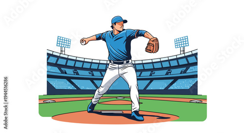 Modern vector illustration of baseball pitcher throwing fastball on professional field, dynamic sports performance and competitive game moment