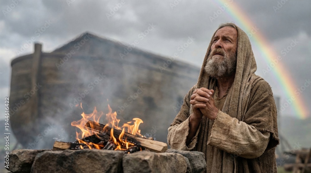 Obraz premium Noah praying at the altar fire with an ark in the background and a rainbow in the sky. Biblical scene of sacrifice after the great flood. Traditional narrative of faith and salvation.