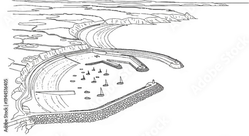 Aerial view sketch of a sheltered harbor with sailboats and a rocky coastline