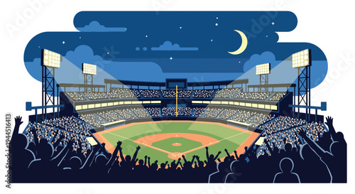 Modern vector illustration of packed baseball stadium with cheering crowd during championship match, vibrant sports atmosphere