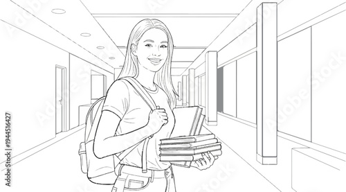 Smiling young woman with backpack and books walks down a school hallway