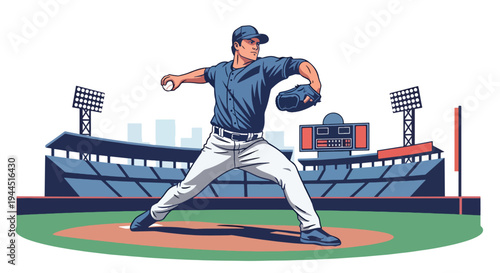Modern vector illustration of baseball pitcher throwing fastball on professional field, dynamic sports performance and competitive game moment