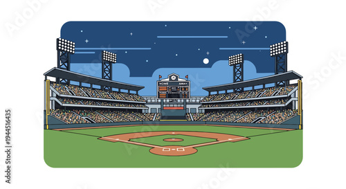 Modern vector illustration of packed baseball stadium with cheering crowd during championship match, vibrant sports atmosphere