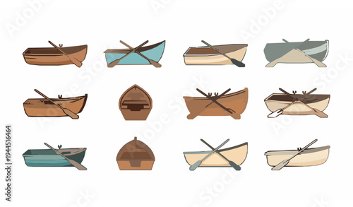 Rowboat with paddles flat vector icon set fishing and boating hobby symbols