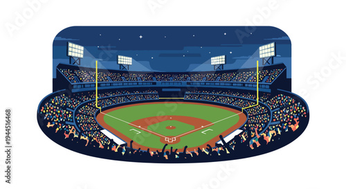 Modern vector illustration of packed baseball stadium with cheering crowd during championship match, vibrant sports atmosphere
