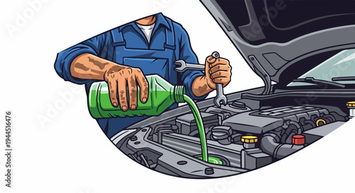 Mechanic pours green fluid into car engine with hood up and tools nearby