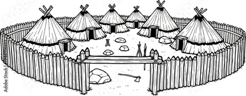 Ancient fortified village with conical huts and wooden palisade