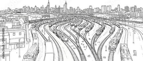 Extensive train yard converges with a sprawling city skyline in detailed sketch
