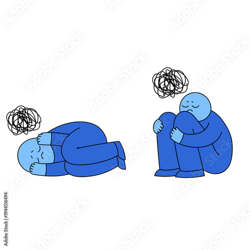 Depression emotional states set. Set of depressed person illustrations showing different emotional states such as sadness, anxiety and emotional exhaustion. 