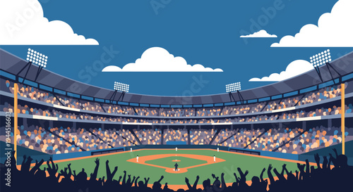 Modern vector illustration of packed baseball stadium with cheering crowd during championship match, vibrant sports atmosphere