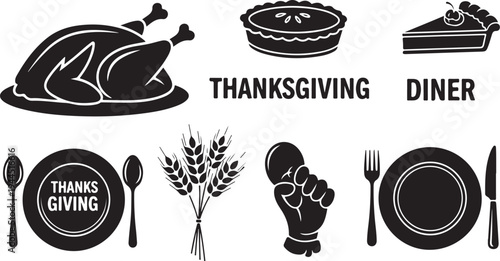 Thanksgiving Diner Icon Set with Food and Symbols Black
