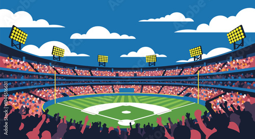 Modern vector illustration of packed baseball stadium with cheering crowd during championship match, vibrant sports atmosphere