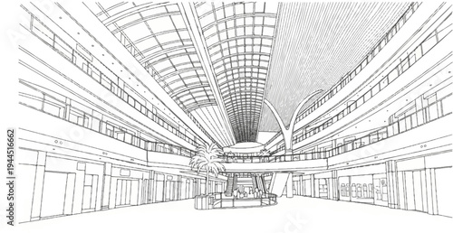 Interior perspective of a vast, multi-level modern commercial building with a glass roof