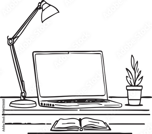 Workspace vector illustration with laptop desk lamp notebook plant minimal clean organized home office productivity study focus artistic design