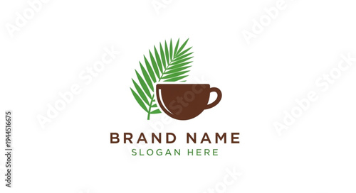 Coffee cup with palm leaf logo, representing tropical coffee or a refreshing beverage.