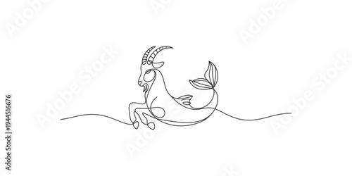 Continuous line drawing of a mythical goat fish creature in the water sea ocean animal
