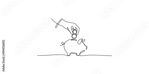 Continuous line drawing of a hand putting coin into a piggy bank saving money finance