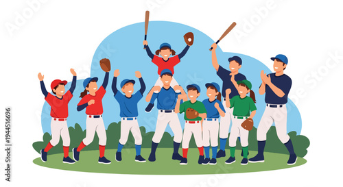 Modern vector illustration of youth baseball team celebrating victory on outdoor field, joyful sports teamwork moment