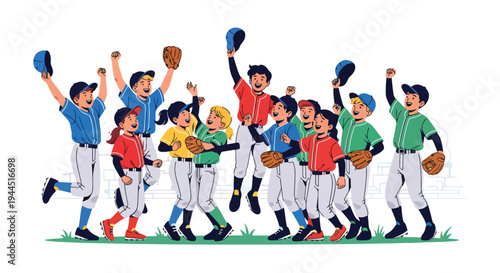 Modern vector illustration of youth baseball team celebrating victory on outdoor field, joyful sports teamwork moment