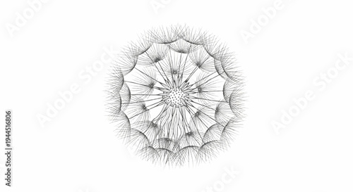 Intricate sketch of a dandelion seed head against a white background