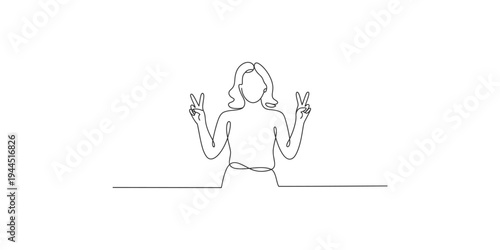 Continuous line drawing of a woman making peace signs with both hands single art sign