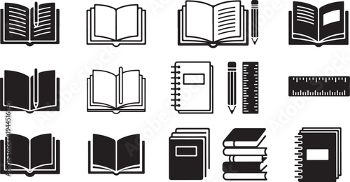 Collection of black and white book and stationery icons