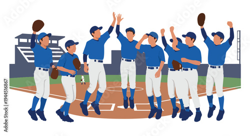 Modern vector illustration of youth baseball team celebrating victory on outdoor field, joyful sports teamwork moment