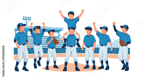 Modern vector illustration of youth baseball team celebrating victory on outdoor field, joyful sports teamwork moment