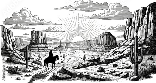 Lone rider traverses a sun-drenched desert landscape with cacti and mesas