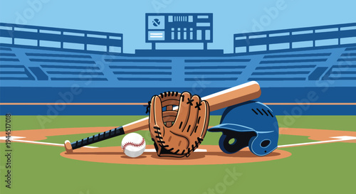 Modern vector illustration of baseball helmet bat and ball placed on grass field before competitive match