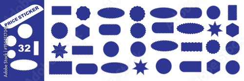 Set of price sticker, sale or discount sticker, sunburst badges icon. Zig zag wavy edge rectangle, oval, circle stickers set. Vector illustration big set 