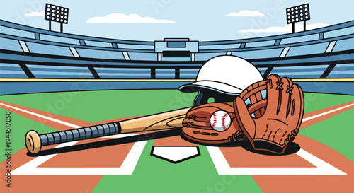 Modern vector illustration of baseball helmet bat and ball placed on grass field before competitive match